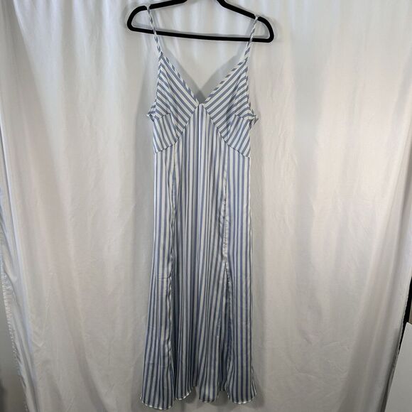H&M Midi Dress Women's Medium White Blue Striped Sleeveless Side Zip - Picture 1 of 8